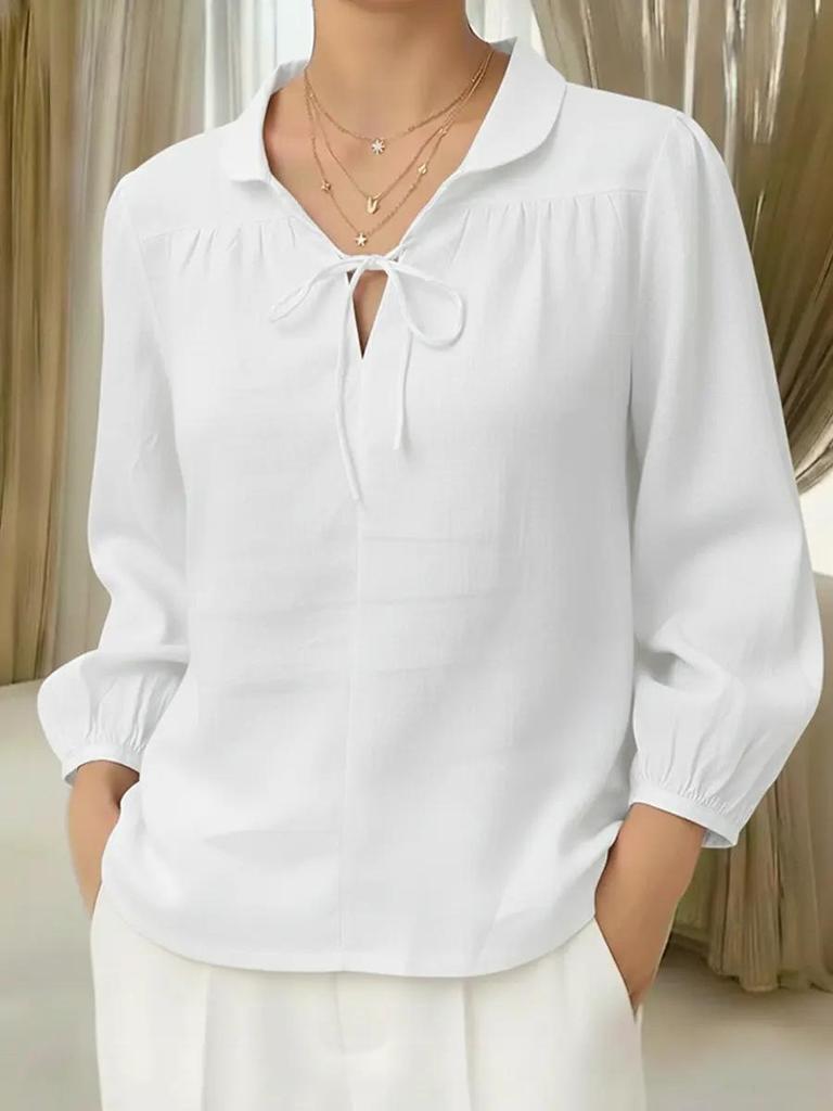Spring/Summer 2026 Women's Lace Peter Pan Collar Tie-up Top with Lantern Sleeves and Loose Fit