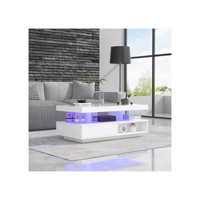 Table Basse - MUVOE - 95x50x42,5 Cm - 4 Plateaux En Verre - 2 Tiroirs - Blanc Brillant