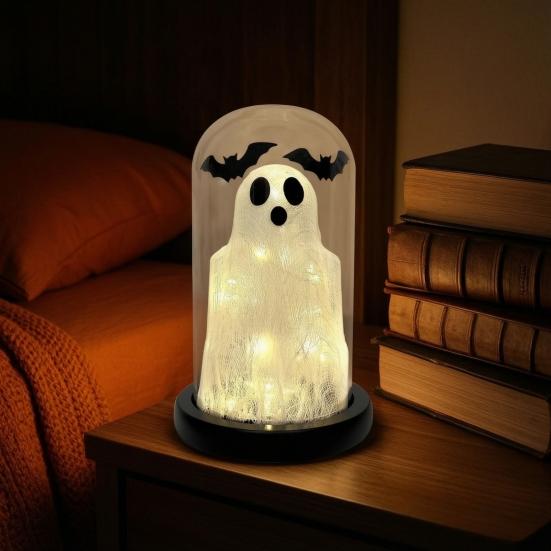 Mysterious Atmosphere Night Light Halloween Up Ghost In Dome Cloche, Cute Gothic Desktop Ornament with Bats for Home Kitchen Mantel Tabletop