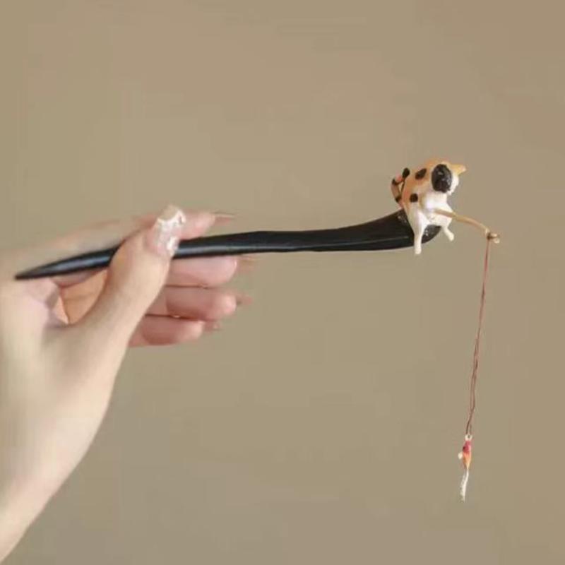 

Retro Cat Fishing Wooden Hair Stick Tassel Black Sandalwood Hanfu Hairpin Hair Sticks For Buns Chinese Style Hanfu Accessories F