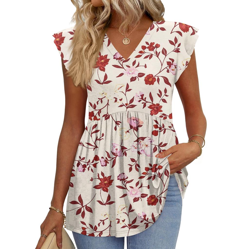 Womens Tops Fashionable V-neck Ruffled Sleeve Short-sleeved T-shirt Business Blouses