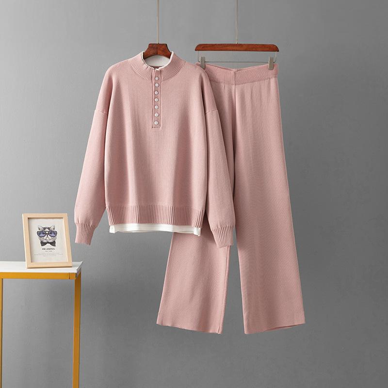 

Модный повседневный шерстяной костюм женский осенне-зимний новый свободный свитер вязаные широкие брюки комплект из двух предметов one size розовый