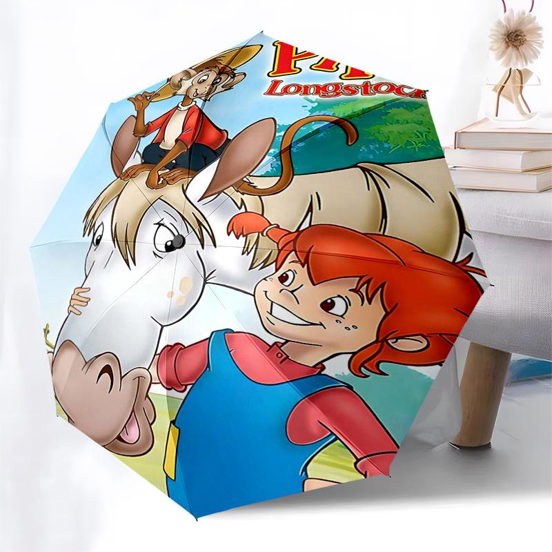 Ombrello da Viaggio a Tema Pippi Calzelunghe - 8 Stecche, Apertura e Chiusura Automatiche, Design Pieghevole Portatile, Ombrello Compatto ed Elegante Adatto