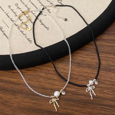 Women's French Ribbon Pearl Bead Chain Necklace
