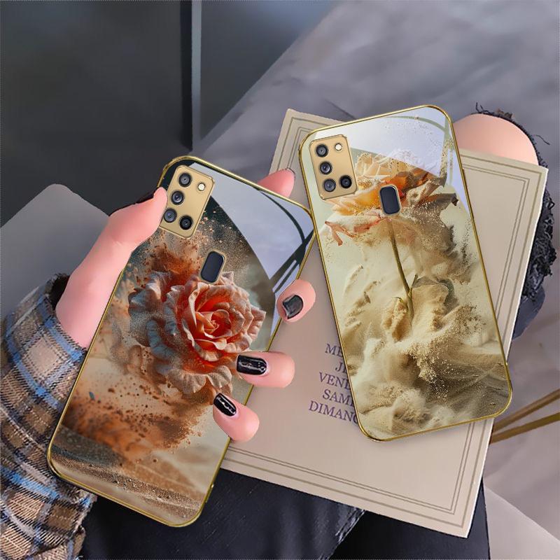 Vintage Desert Pink Rose For Samsung A 31 32 A33 A34 35 14 A15 13 16 25 26 50 52 53 54 55 56 70 71 72 73 Golden glass phone case