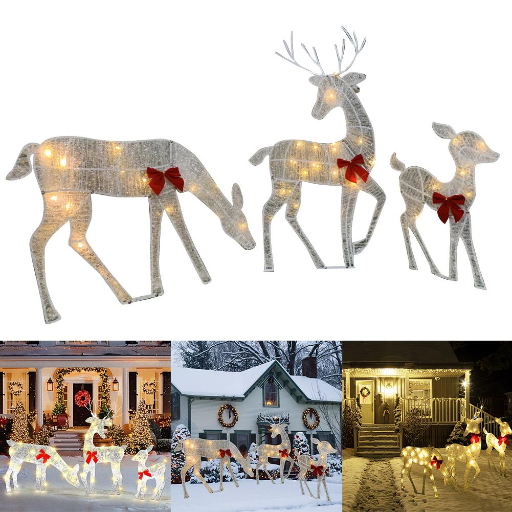 3Pcs Christmas Light-up Deer Iron Art with 5Pcs LED String Light LED Christmas Lighted Reindeer Metal Luminous Reindeer Ornament