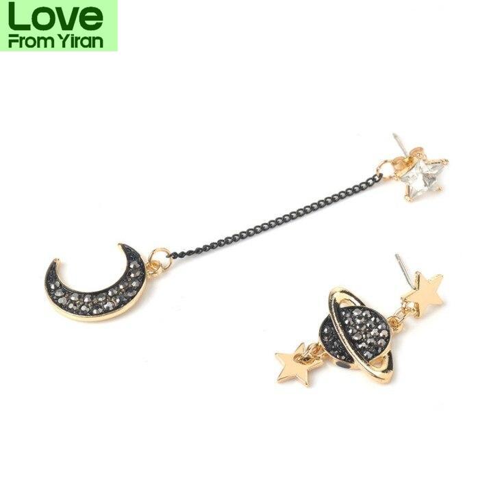 New Arrival Korean Earings Modish Star Moon Fashionable Jewelry Asymmetric Black Long Ear Studs Drop Pendientes Tassel Nuptial Bridal Earings