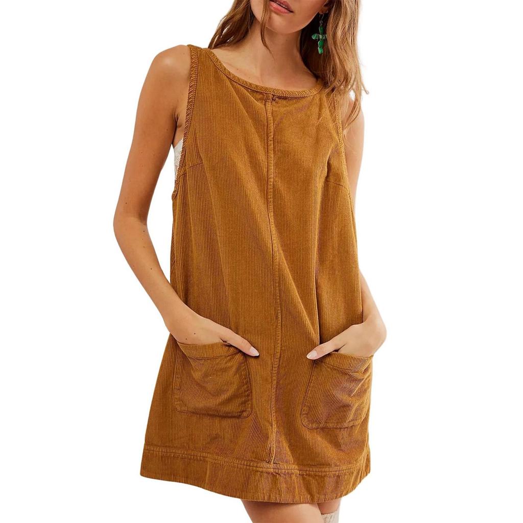 Women's Fashion Corduroy Solid Color Round Neck A Line Vest Dress Pinafore With Pockets