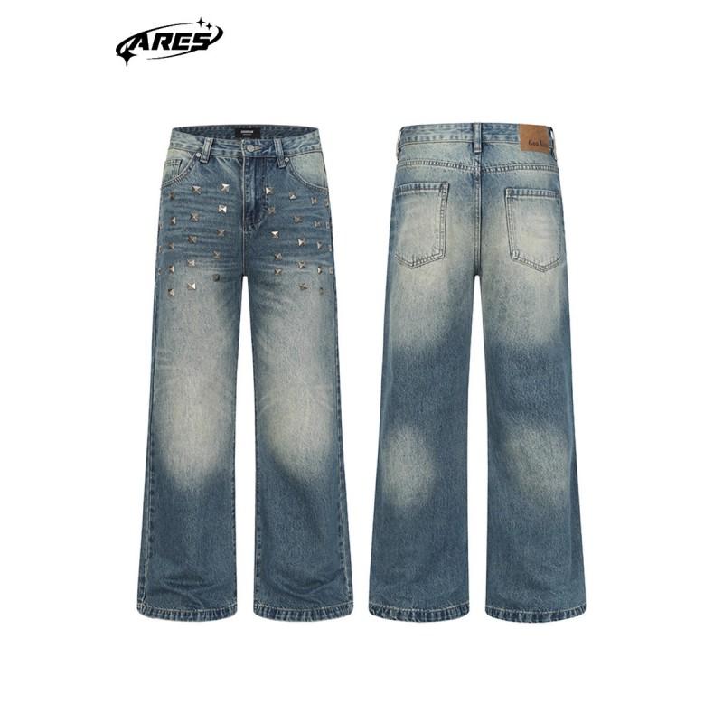 ARES American Heavy Industry Square Nail Flared Blue Jeans Mens Fall Distressed Washed Denim Pants