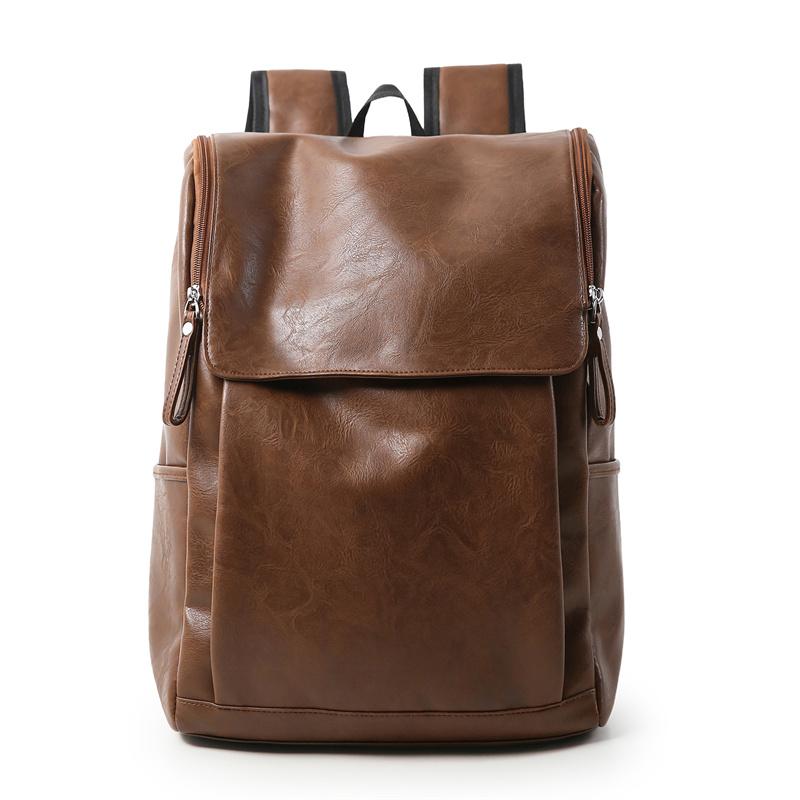 Solid Color PU Backpack Men's Large Capacity Backpack Student Sports Travel Computer Bag