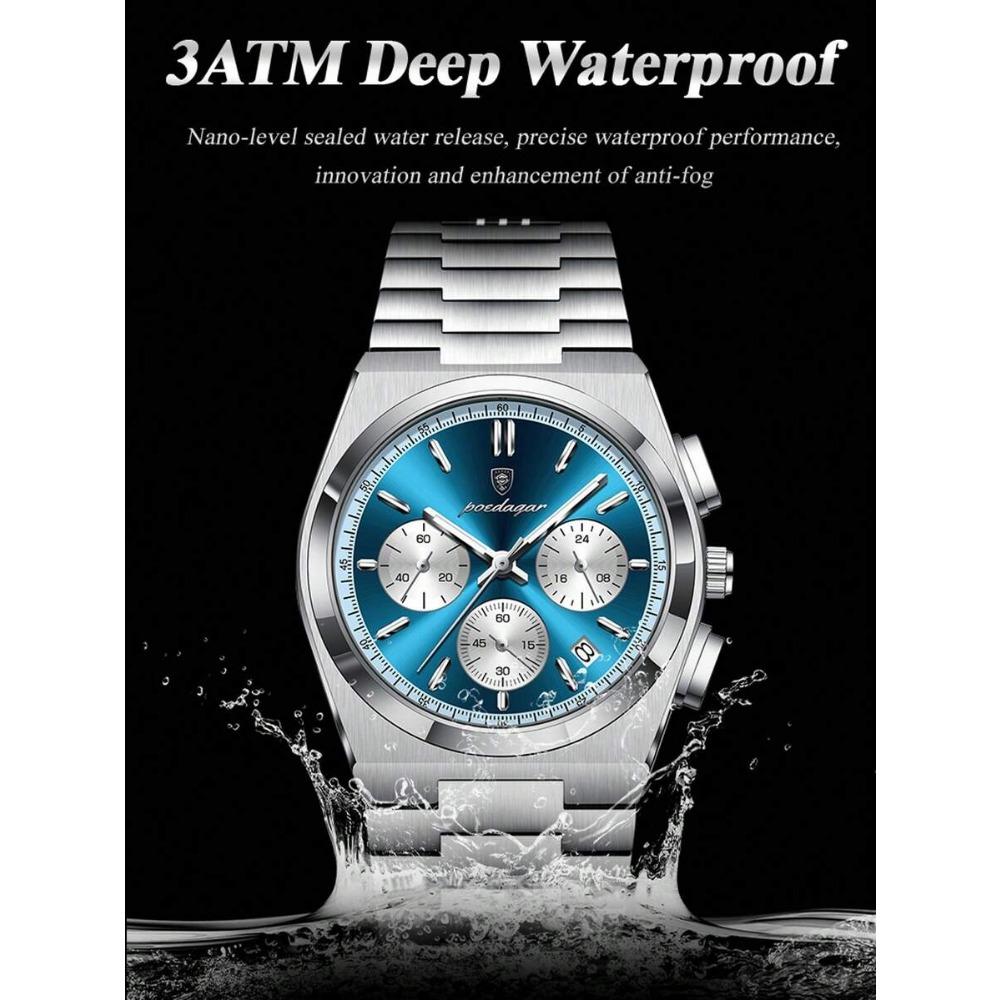 POEDAGAR 1pc Premium Men's Stainless Steel Quartz Calendar Chronograph Wristwatch, Business Waterproof Luminous Watch, Men's Gift