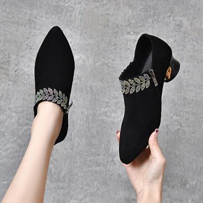 Pointed Deep Mouth Single Shoes Women's Spring Black Sheepskin Foreign Style Small Single Shoes Leaf Rhinestone Side Zipper High Heels