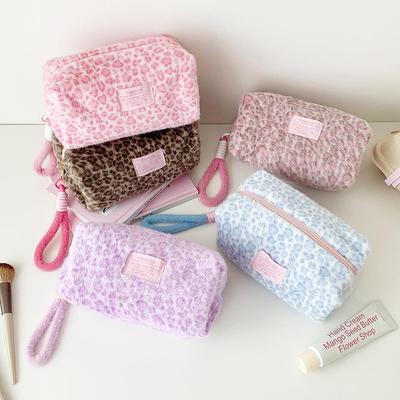 Leopard Print Plush Makeup Bags with Handle Portable Travel Cosmetic Storage Bag Toilet Bag Cute Pencil Case Fashion Handbag