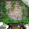 2D Botanical Stone Wall Tapestry Green Vines on Rustic Brick Wall Hanging
