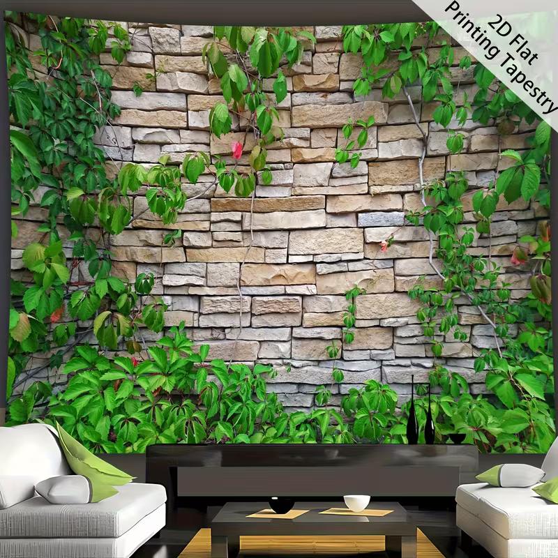 2D Botanical Stone Wall Tapestry Green Vines on Rustic Brick Wall Hanging