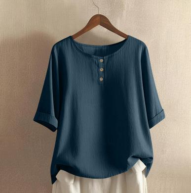 Dames O-hals Blouse met Driekwartmouwen Losse Pasvorm Casual Katoen Linnen Top Effen Kleur Knopen Henley Top
