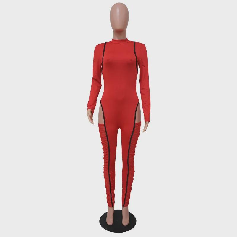 K9790 Sexy Contrast Color Mesh Splicing Jumpsuit for European and American Fashion