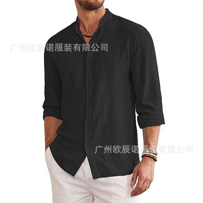 Men Casual Loose Stand Collar Long Sleeve Solid Color Plus Size Shirt