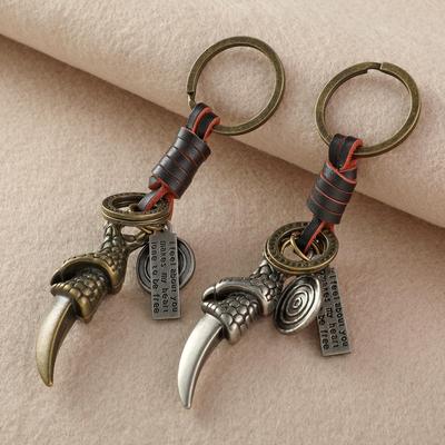 Retro Punk Alloy Wolf & Dragon Claw Leather Keychain with Woven Cowhide Pendant