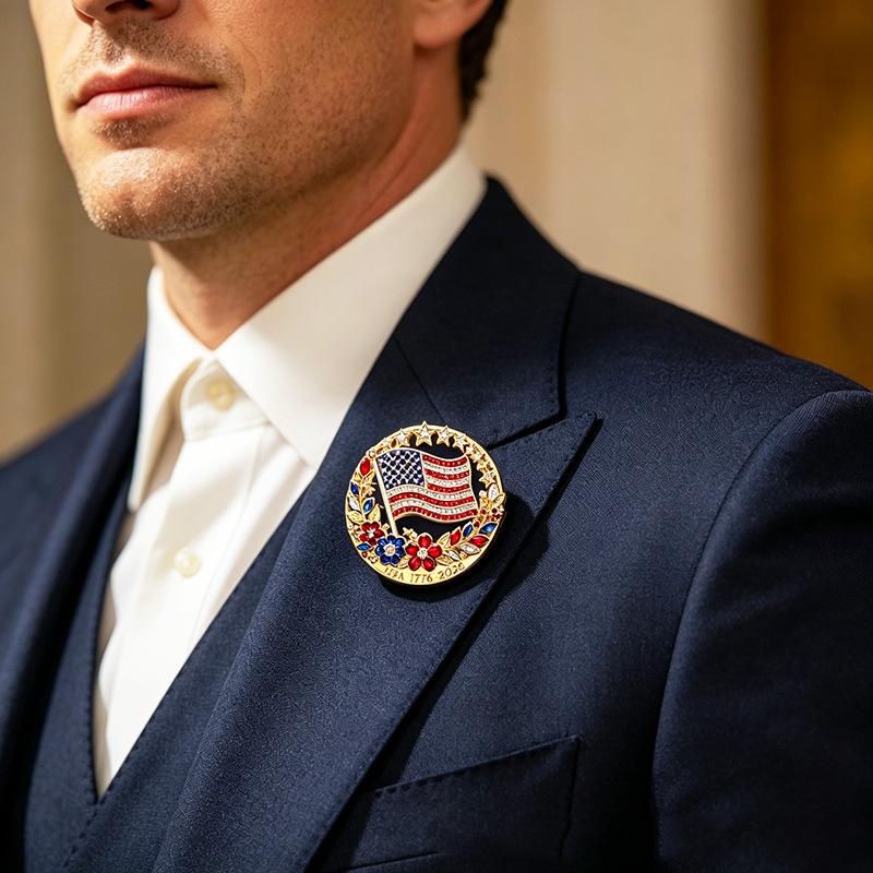 USA 250th Anniversary Commemorative Brooch Set Shiny Rhinestone American Flag Hypoallergenic for Sensitive Skin Daily Wear