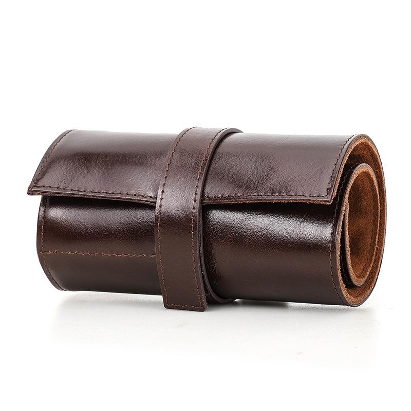 Oil Wax Cowhide Six-Watch Tie-Up Leather Travel Pouch
