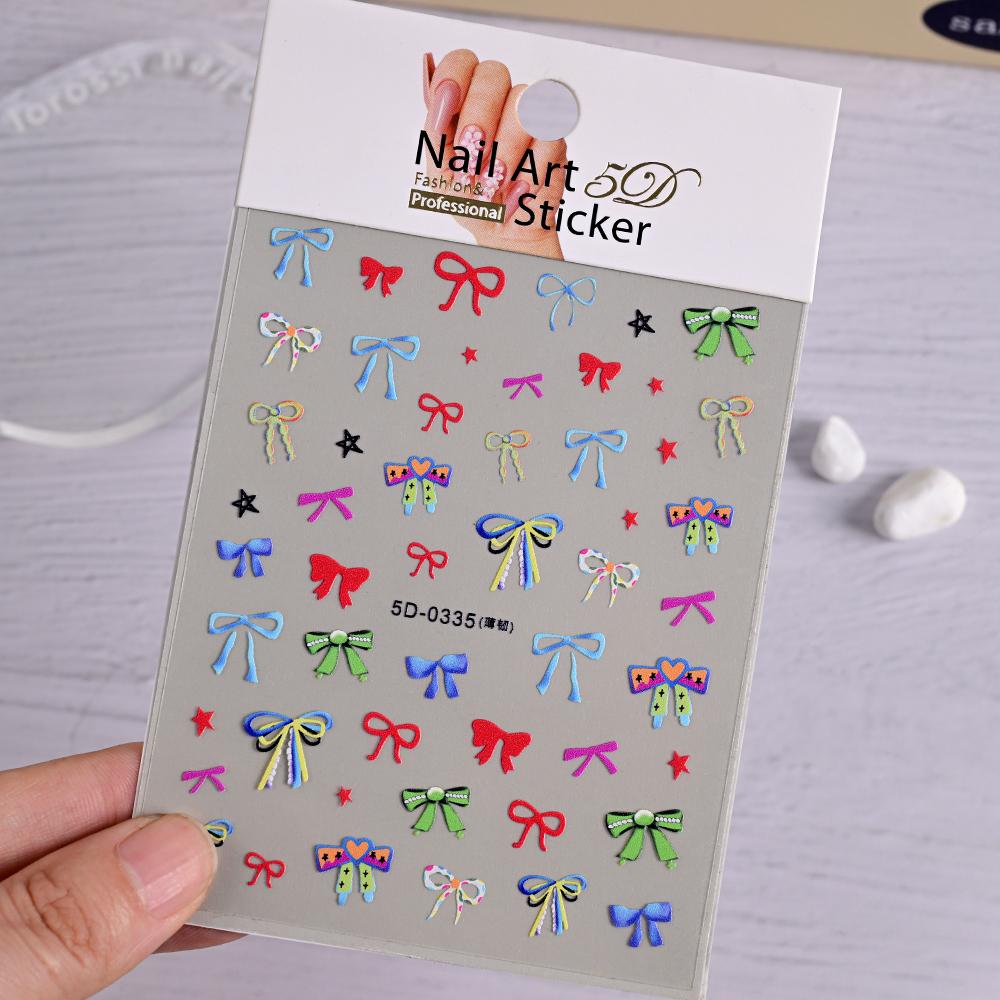 1PC 5D Embossed White Lace Bow Nail Art Stickers Cute Pink White Ribbon Bow Tie Nail Sliders Kawaii Bow Manicure Accessories TY9