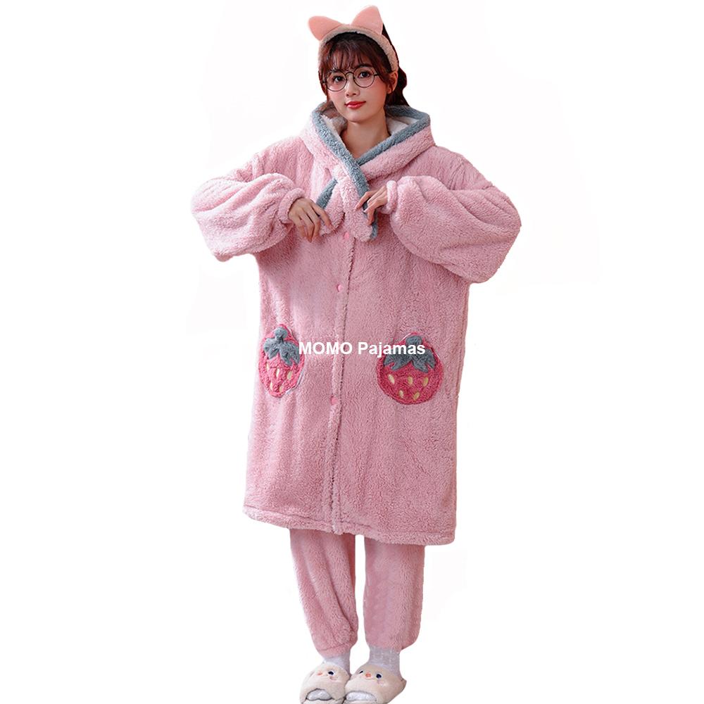 Kawaii Pajamas Set for Womens Girls Flannel Bathrobe Warm Winter Cartoon Sleepwear Pyjamas Long Robes with Pants Women Nightwear