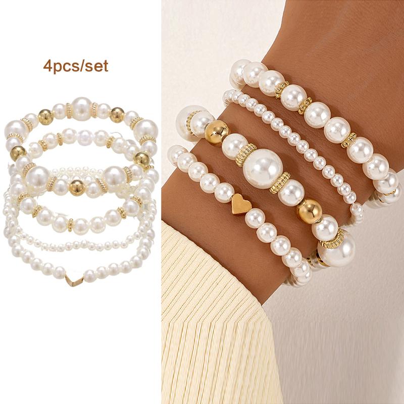 4Pcs Trendy Beads Adjustable Elastic Chain Bangle Female Luxury Pearl Love Beaded Bracelet Set For Women Party Jewelry Gift
