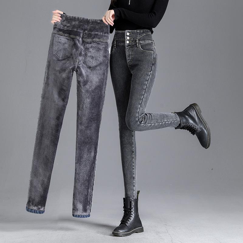 High-Waist Skinny Velvet-Lined Jeans - Women's Casual Japanese Korean Style, Autumn/Winter 2025.
