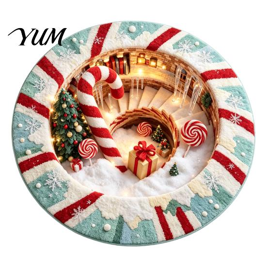 Santa Claus Floor Mat 3D Optical Illusion Round Christmas Rug, Cute Crystal Velvet Mat, Holiday Area Carpet Vivid Printed Circular for Entryway