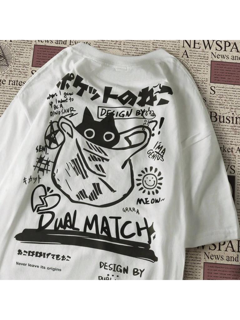 unisex Wounisex Cartoon T-Shirts Harajuku Kawaii Cat Printed Short Sleeve Tees Couple Streetwear Clothes Y2K Tops Graphic T Shirts