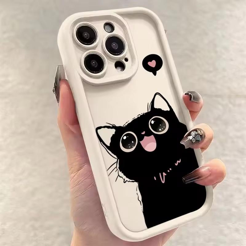 Lovely Black Cat Silicone Case For iPhone 16 15 13 12 11 14 Pro Max Plus 16E 16 Plus SE2 8 7 Plus X XS XR Shockproof Back Covers