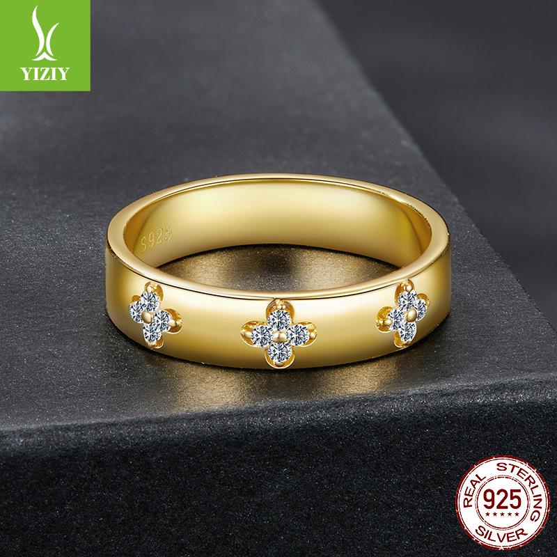 925 Sterling Silver Gold Plated Mozzarella Diamond Ring Wedding Ring, Popular Lucky Clover Ring