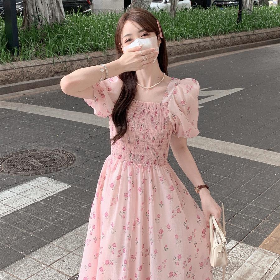Women's French Floral Puff Sleeve Square Neck A-Line Midi Dress - Summer 2026