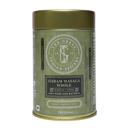 The Great Indian Spicery | Garam Masala Whole - 75gm Tin | Steam Sterilisation, Farm Fresh, Authentic 11 Spices Blend, Non-Adulterated