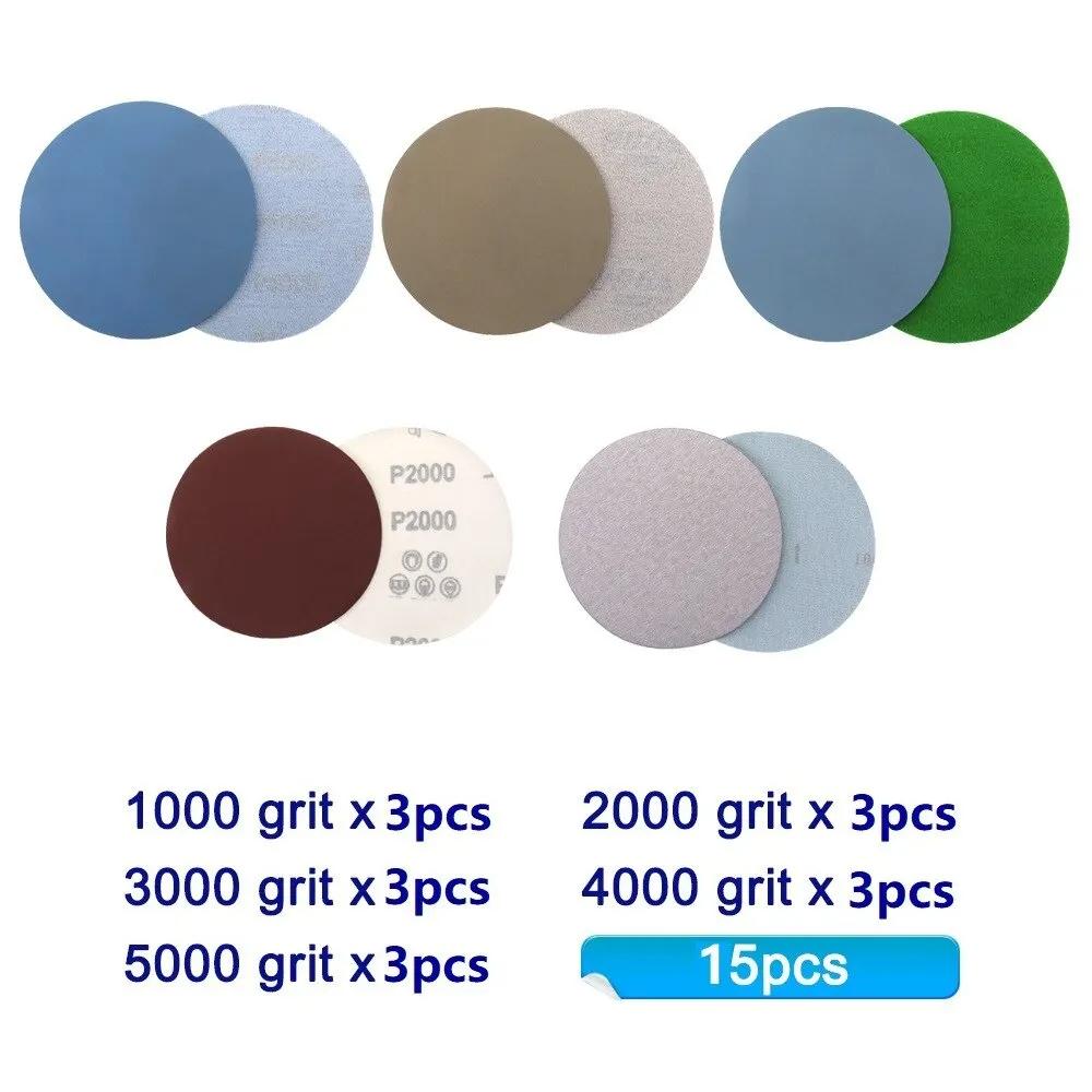 15pcs 125mm Inches Grit 1000 2000 3000 4000 5000 Sanding Discs Hook Loop Sandpaper Round Disk