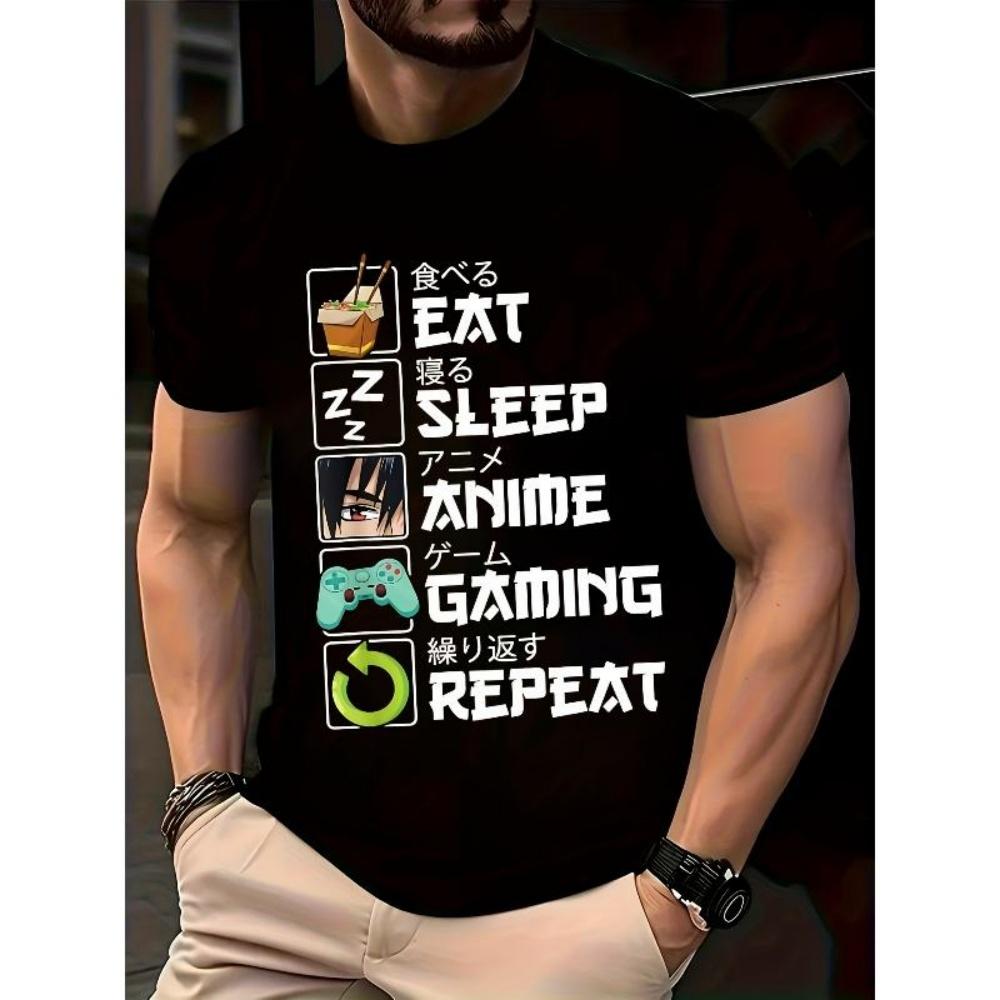 

European Sizes Men S Summer Casual T-Shirt, Unique Comic Style 3DS Numeric Print - _Eat, Sleep, Anime, Gaming,Repeat_ Pattern,Round Neck,Short Sleeve, XXXXXL чорний