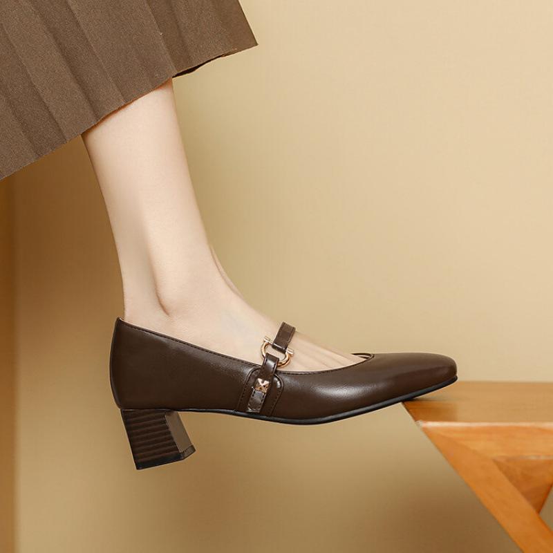New casual mid-heel small leather shoes, black square heel low-top women's single shoes, women's shoes for all seasons, beef tendon soft sole squ