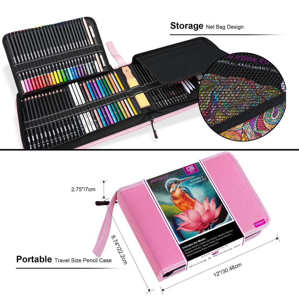 HIFORNY Drawing & Sketching Set, 136-Piece Professional Art Supplies: Graphite, Charcoal, Color, Watercolor, and Metallic Pencils, Blending Tool, Sket