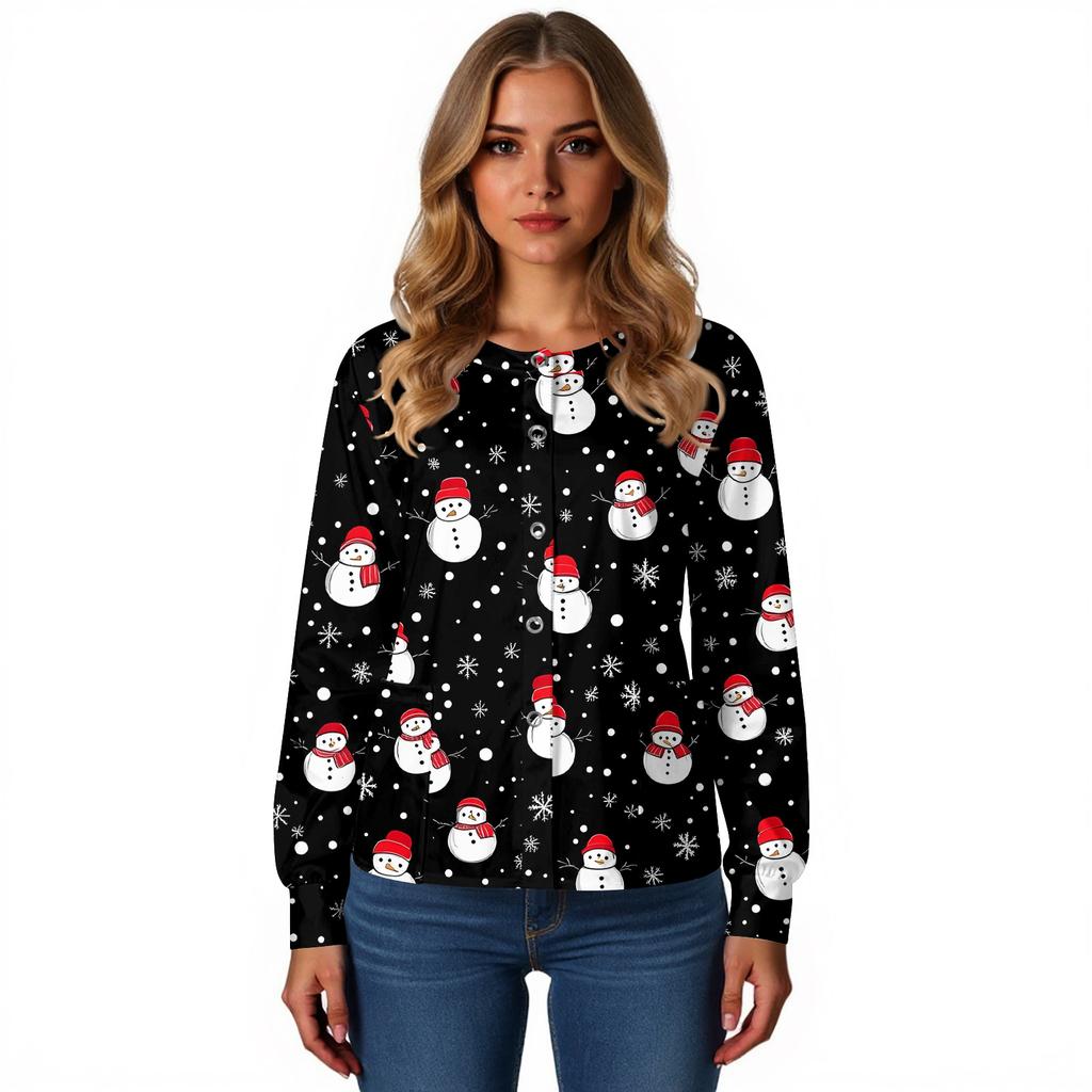 Women's Casual Long-sleeved Single-breasted Christmas Printed Protective Clothing Cardigan Top