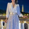 Women's Elegant V-Neck Dress Shirt with Sequined French Wide-Leg Pants