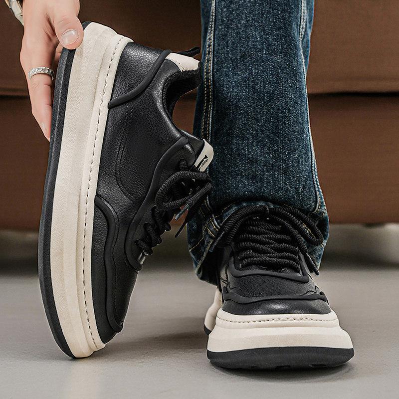 Spring high-end casual board shoes leather waterproof sports heightening black shoes