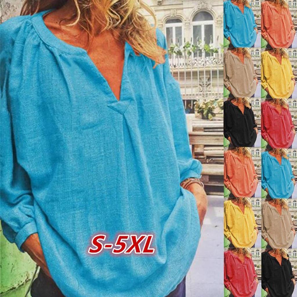 Women Casual V Neck Long Sleeve Cotton Linen Blouse Shirt-buy at a low ...