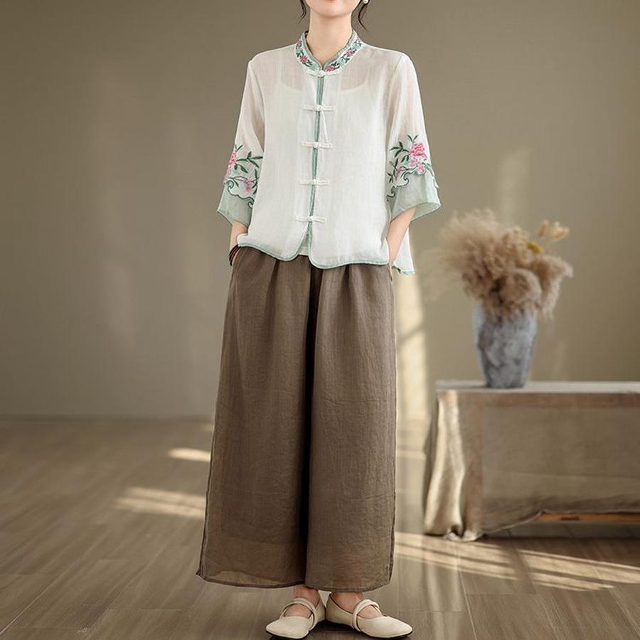 New Cotton Linen Summer Retro Ethnic Embroidery Stand Collar Shirt Women Vintage Button Patchwork Seven-Seventh Sleeve Top Loose Fit