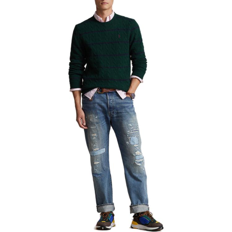 Polo Ralph Lauren FW23 Gestreifter Logo-Stickerei-Zopfstrickpullover Herrenpullover Grün MNPOSWE16821652-300