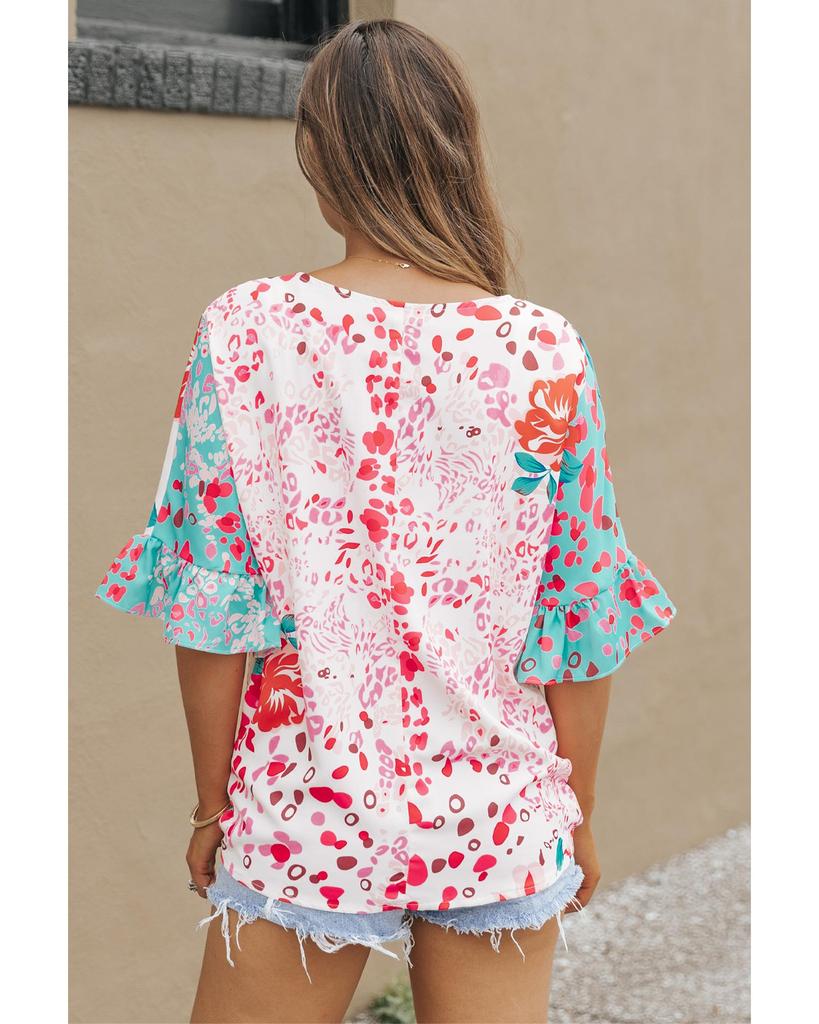 Azura Exchange Bluse mit Leoparden-Blumenmuster und Rüschenärmeln