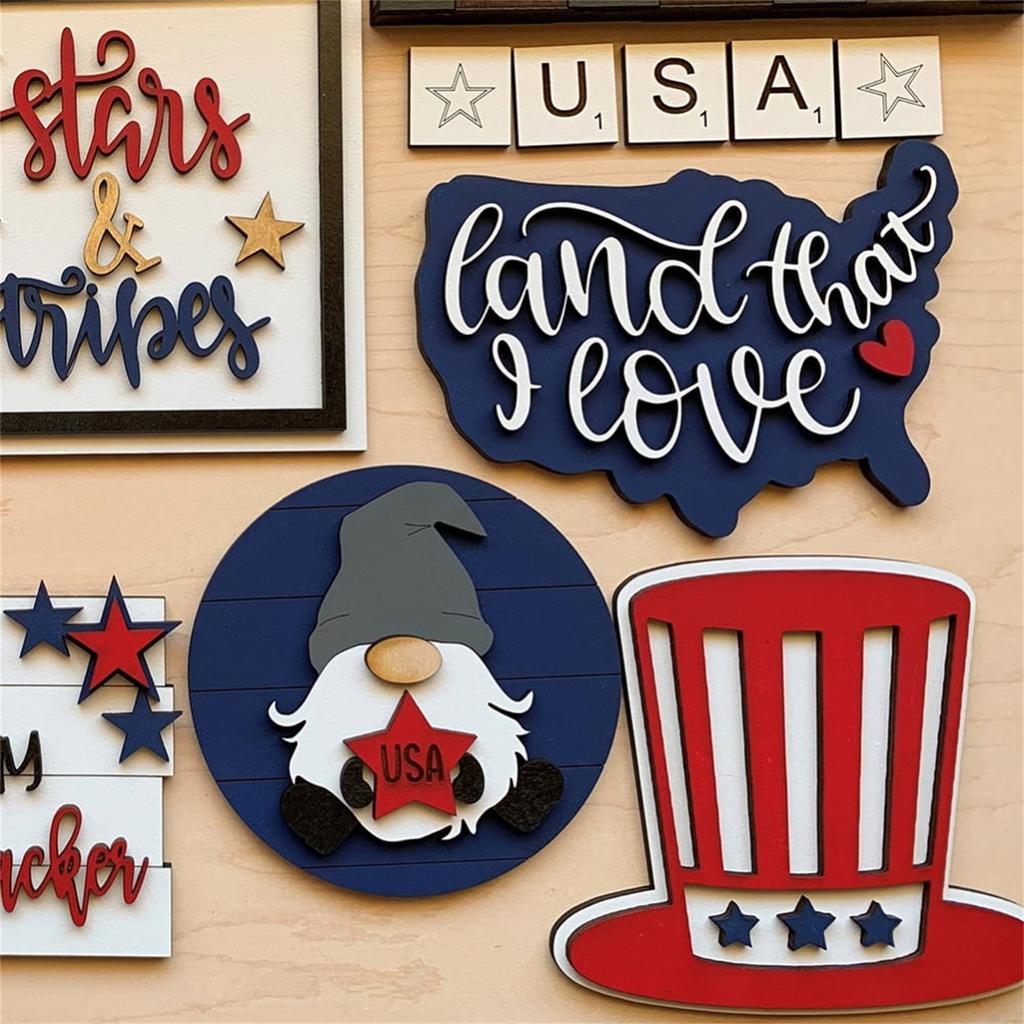 8 Pcs Patriotic Tiered Tray Decor Bundle Wood Signs Independence Day Signs American Star Decor Veterans Day Red White Blue Decorations For Inde
