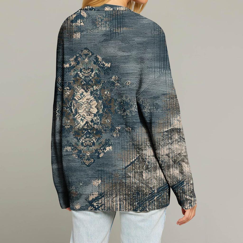 Women's Fashion Long Sleeve Christmas Print V-Neck Button Loose Cardigan Top