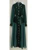 Elegant Belted Long-Sleeve French Dress with Button and Rhinestone Detailing