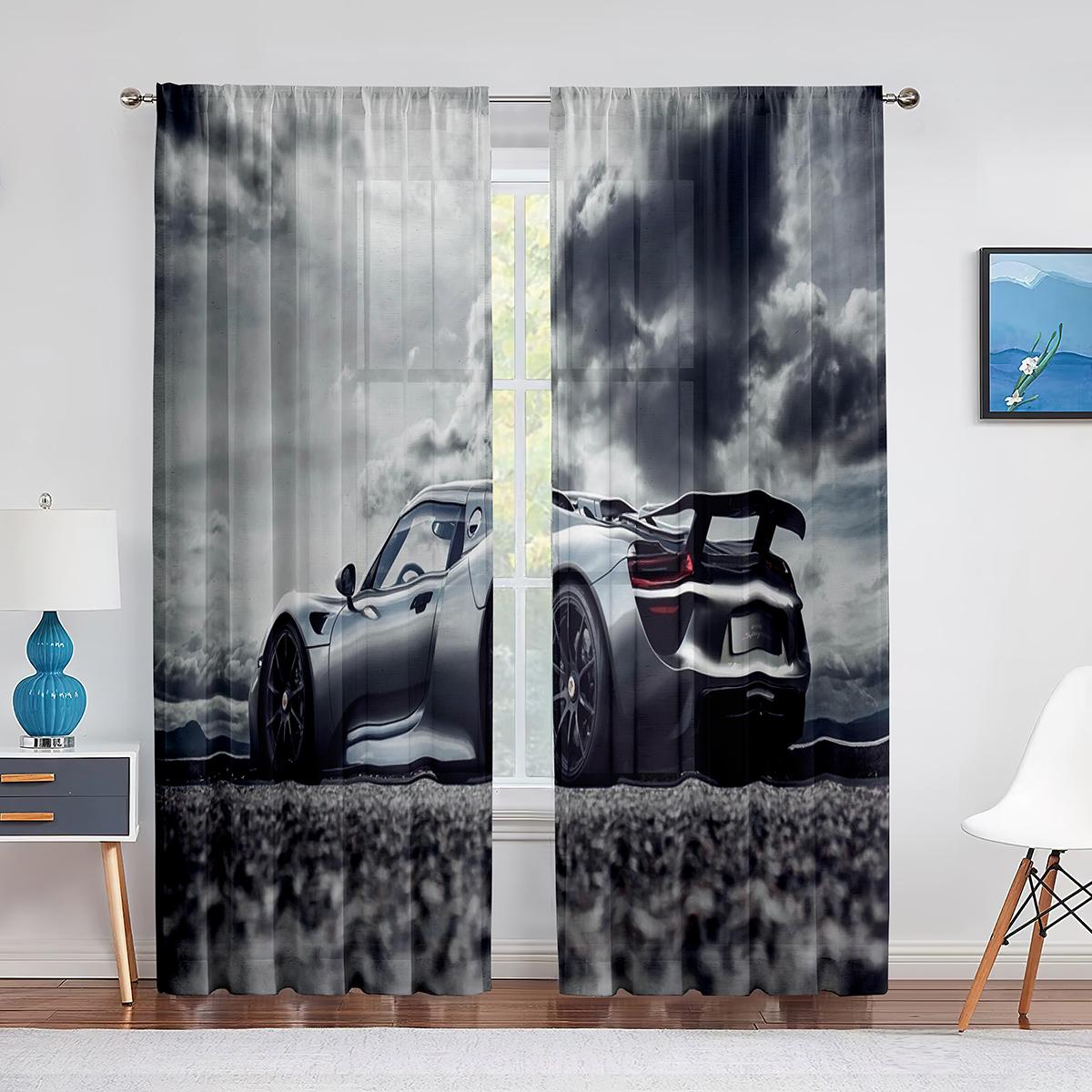 Тюлевые шторы со спортивным автомобилем и американским флагом для спальни — фото 10
